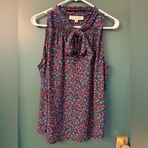 LOFT Red and Blue Smocked Tie Front Blouse